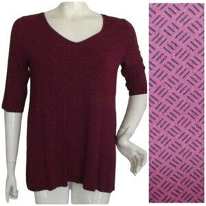 J.JILL Top/Tunic, SP Petite, Maroon, Crosshatch pattern, Mid-sleeve,